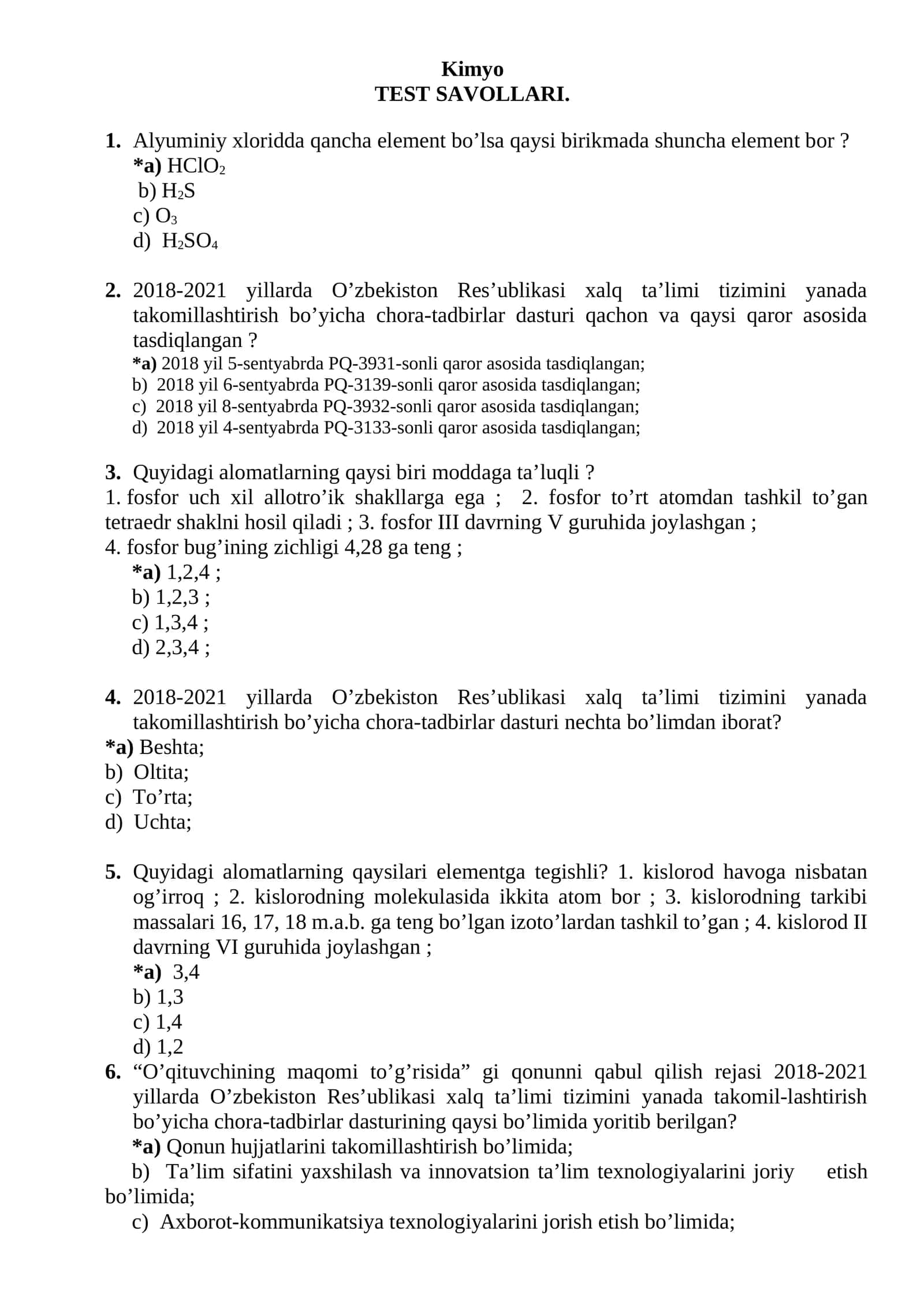Kimyo fanidan testlar 1