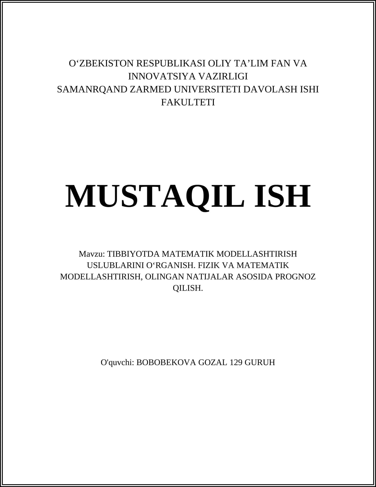 TIBBIYOTDA MATEMATIK MODELLASHTIRISH USLUBLARINI O‘RGANISH 1