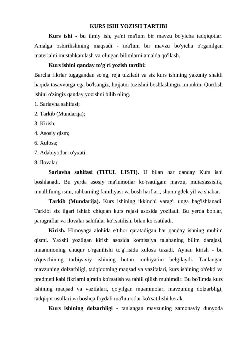 KURS ISHI YOZISH TARTIBI 1