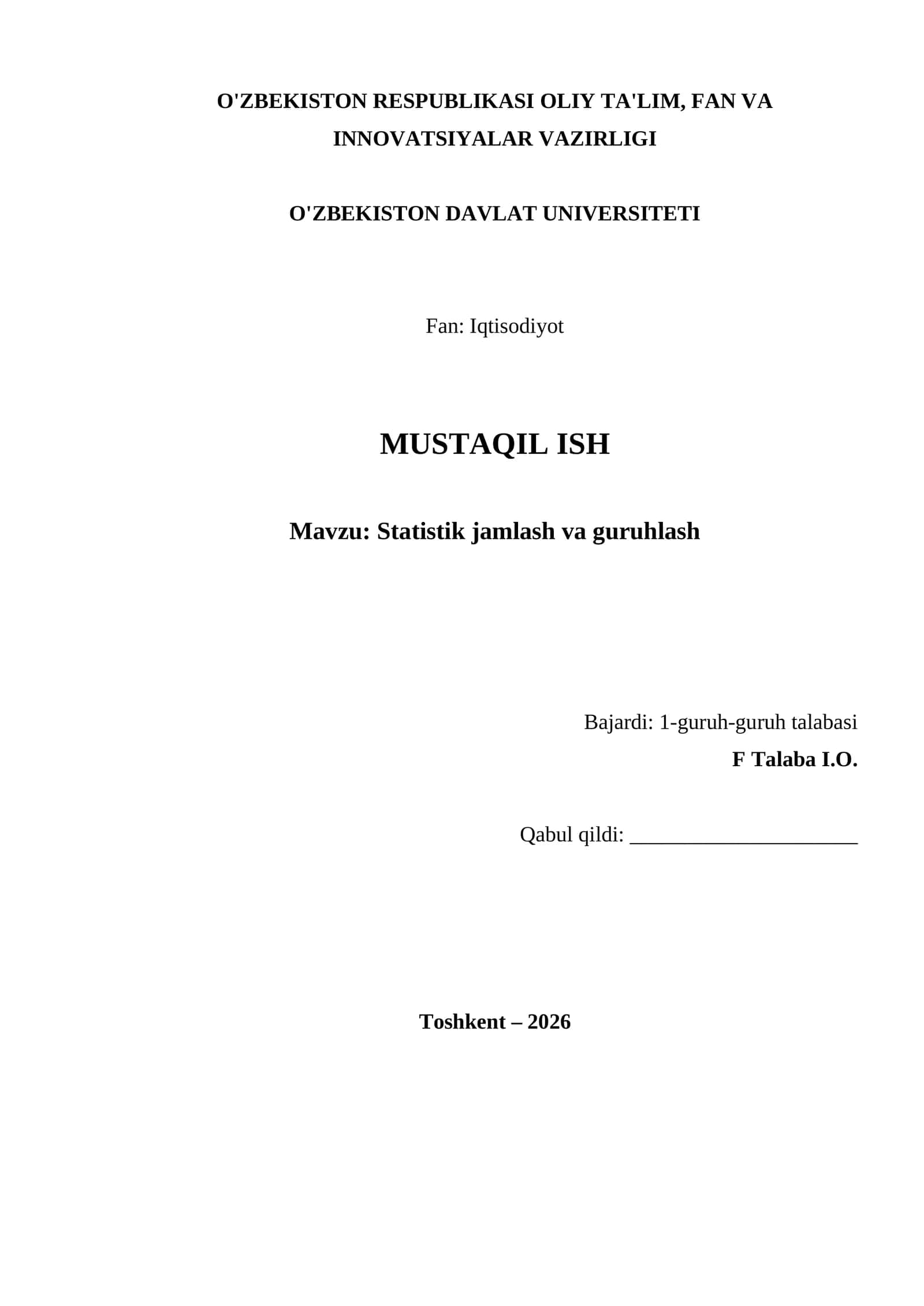 Statistik jamlash va guruhlash 1