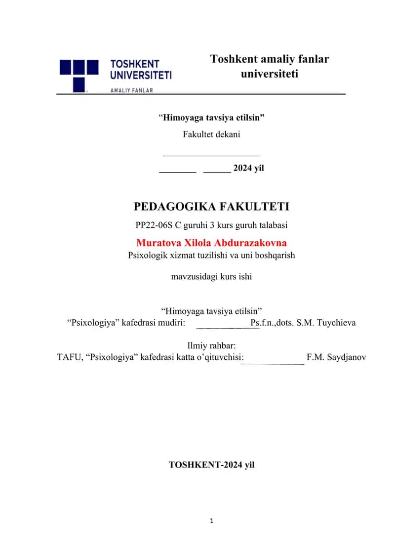 Psixologik xizmat tuzilishi va uni boshqarish 1