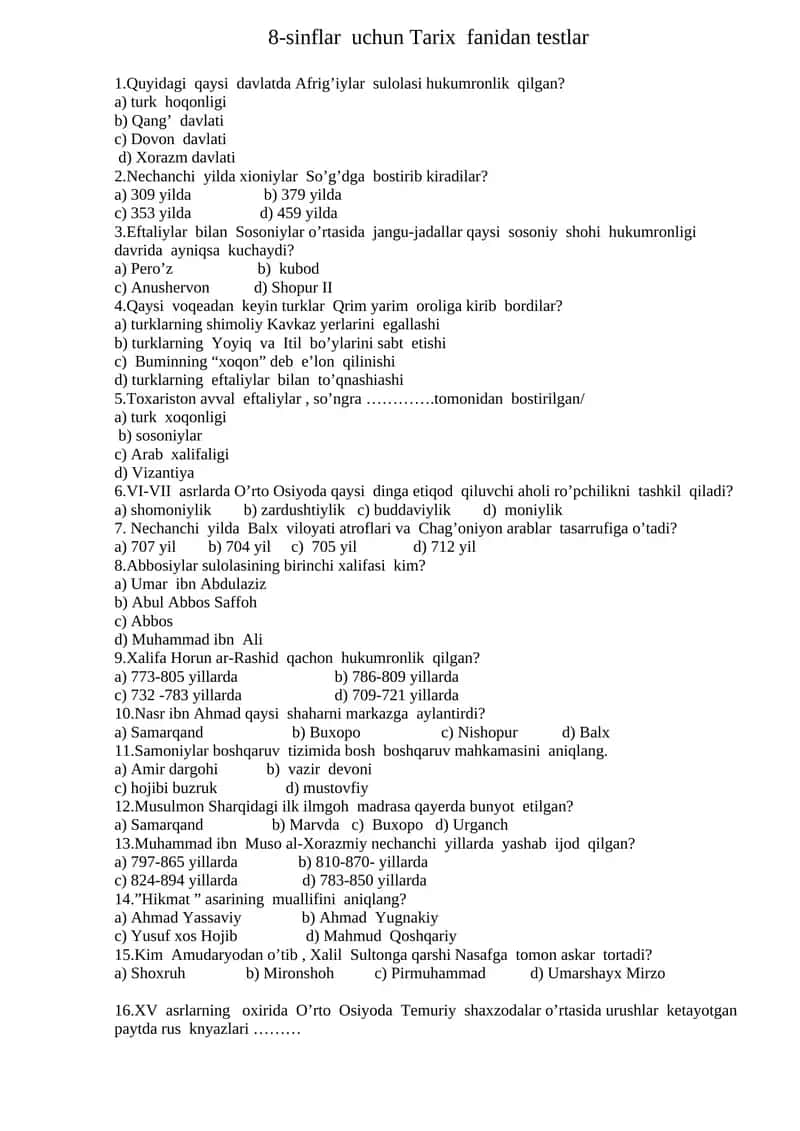 8-sinflar uchun Tarix fanidan testlar 1