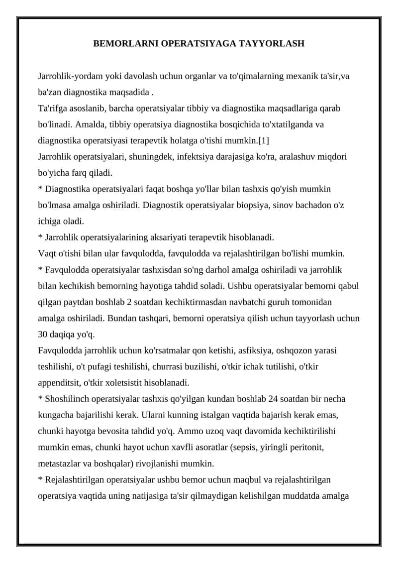 BEMORLARNI OPERATSIYAGA TAYYORLASH 1