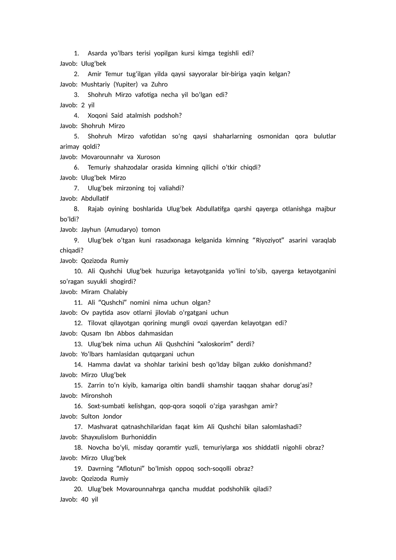 Ulug’bek xazinasi asaridan savollar to’plami 1