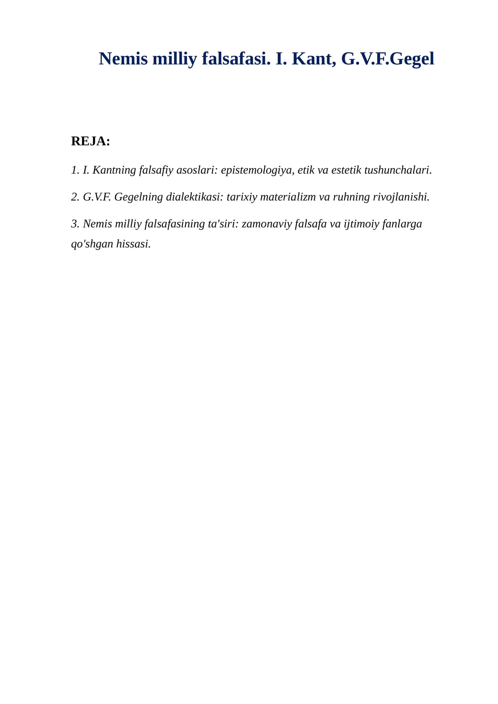 Nemis milliy falsafasi. I. Kant, G.V.F.Gegel 1