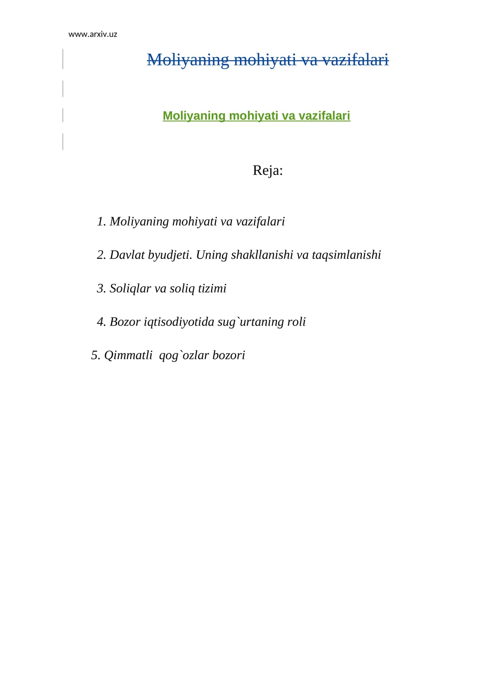 Moliyaning mohiyati va vazifalari 1