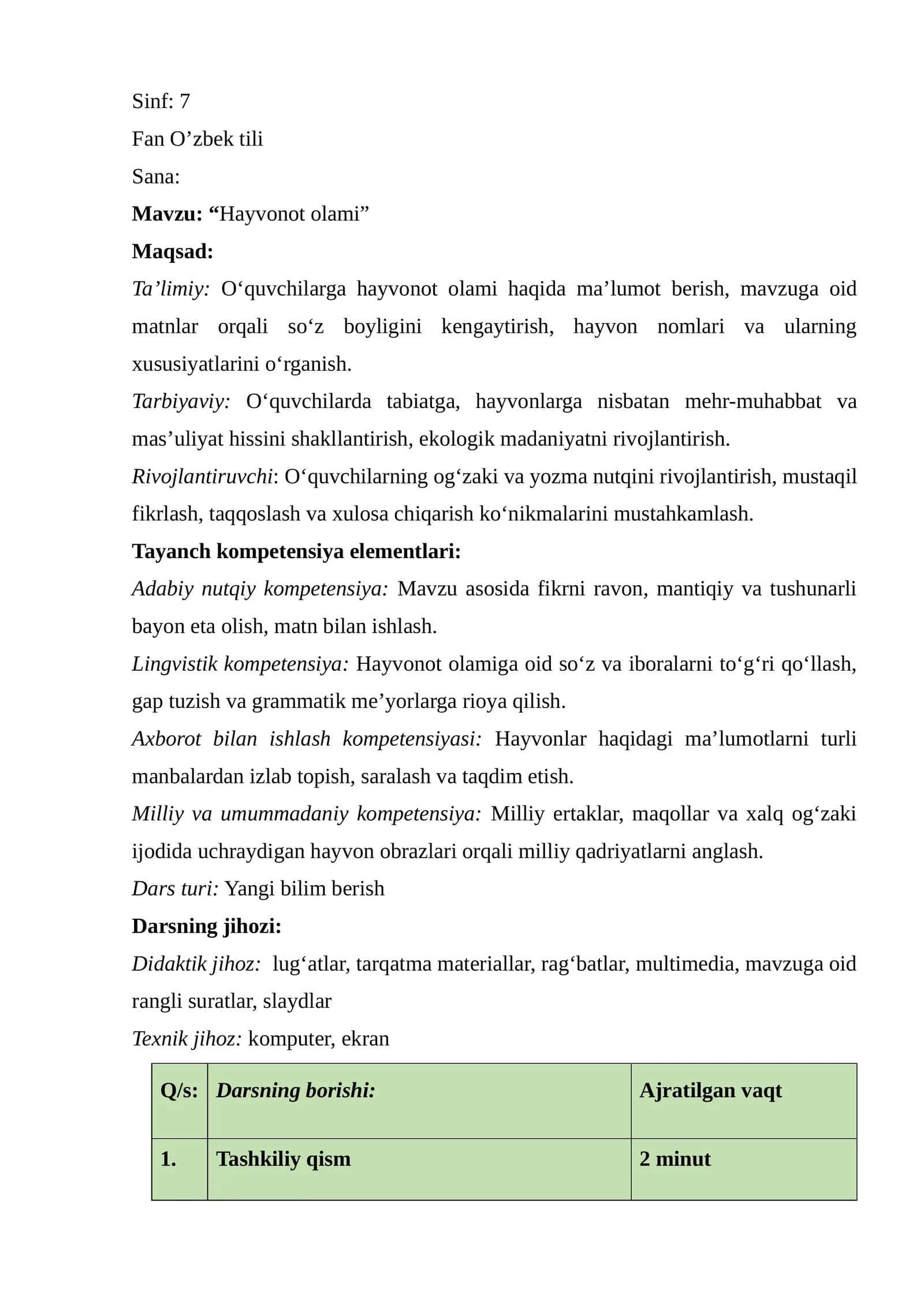 “Hayvonot olami” 7-sinf dars ishlanma 1