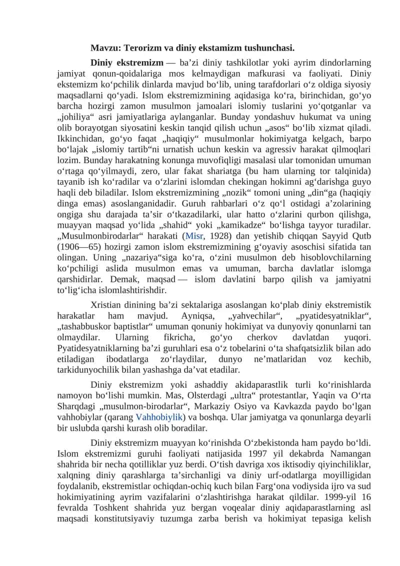 Terorizm va diniy ekstamizm tushunchasi 1