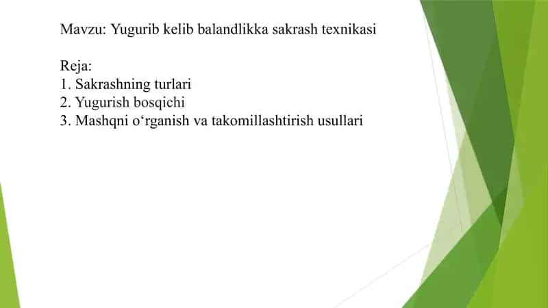 Yugurib kelib balandlikka sakrash texnikasi 1