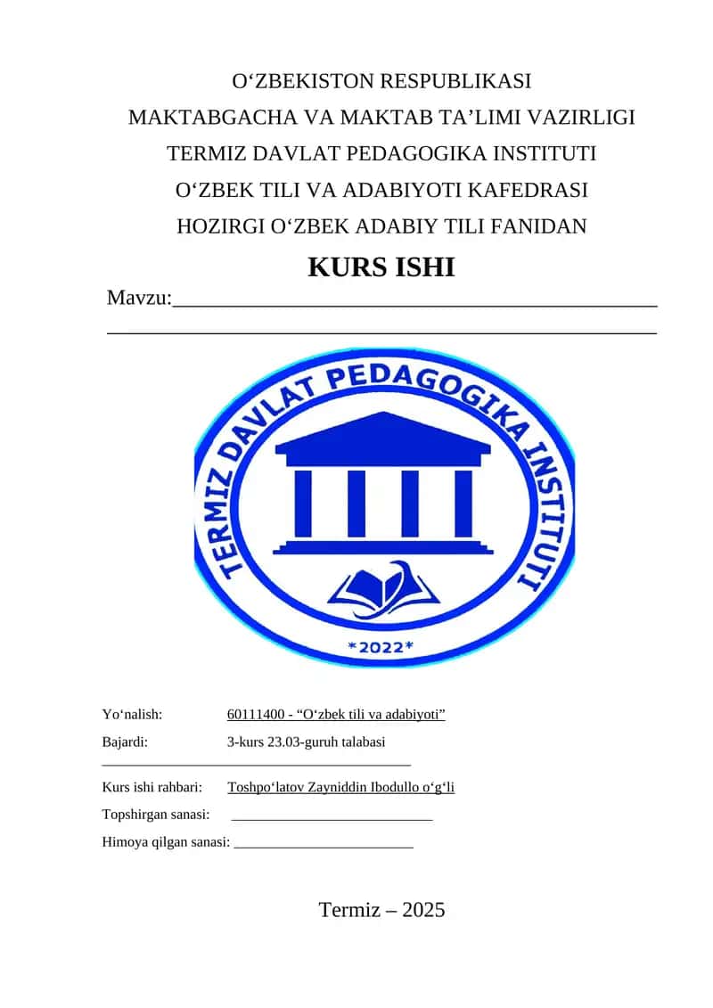 Kurs ishi "O‘zbek tili va adabiyoti" 1