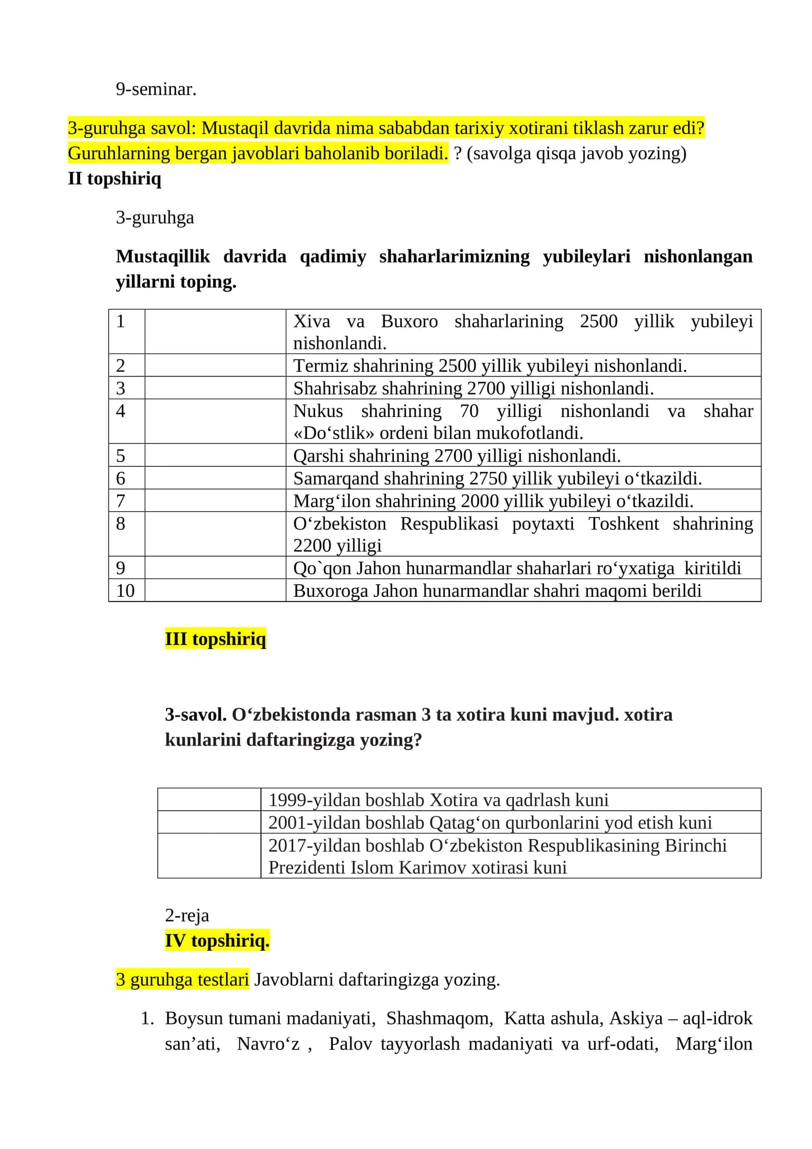 Mustaqillik davrida shaharlarimizning yubileylari 1