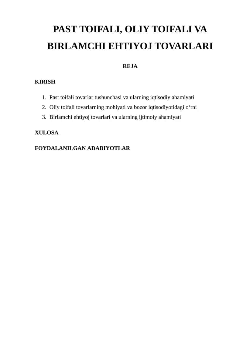 PAST TOIFALI, OLIY TOIFALI VA BIRLAMCHI EHTIYOJ TOVARLARI 1