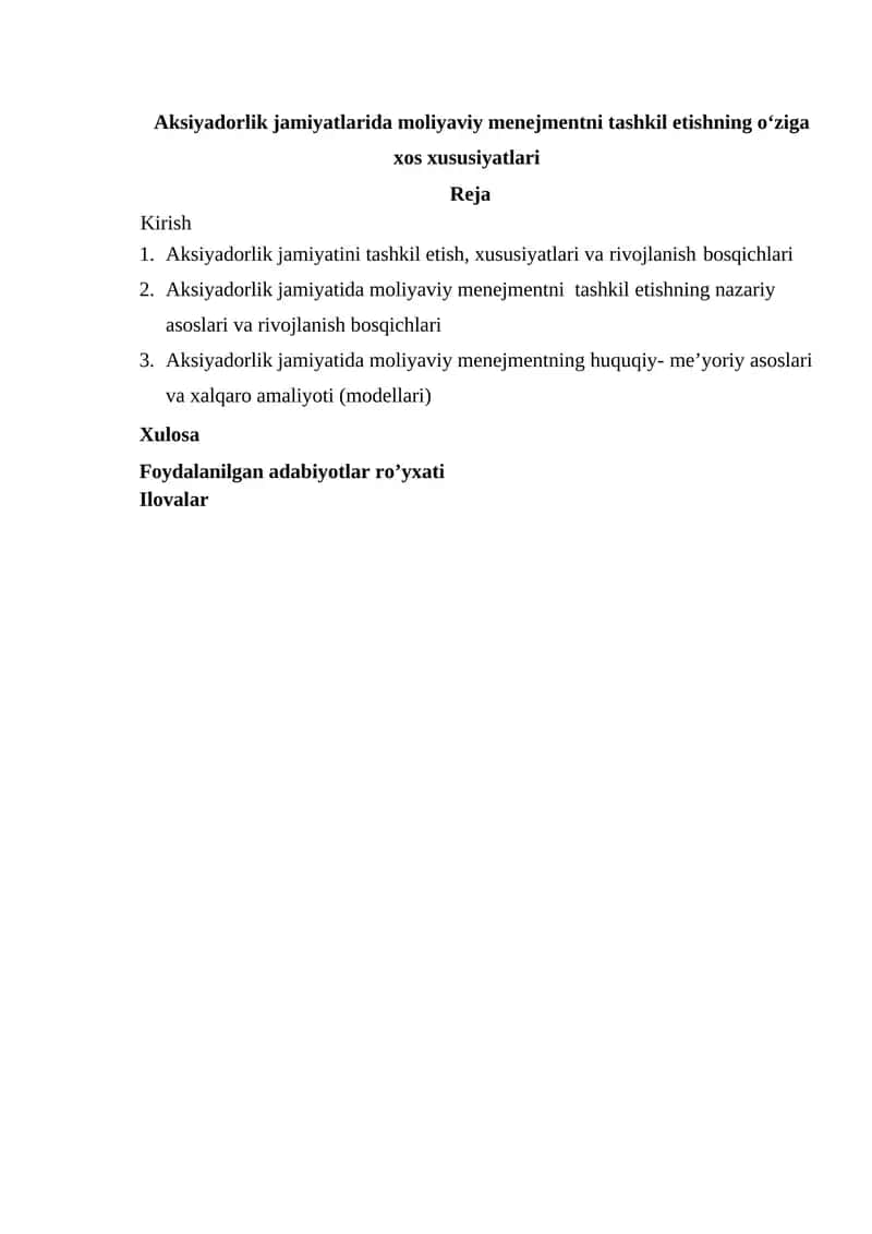 Aksiyadorlik jamiyatlarida moliyaviy menejmentni tashkil etishning o‘ziga xos xususiyatlari 1