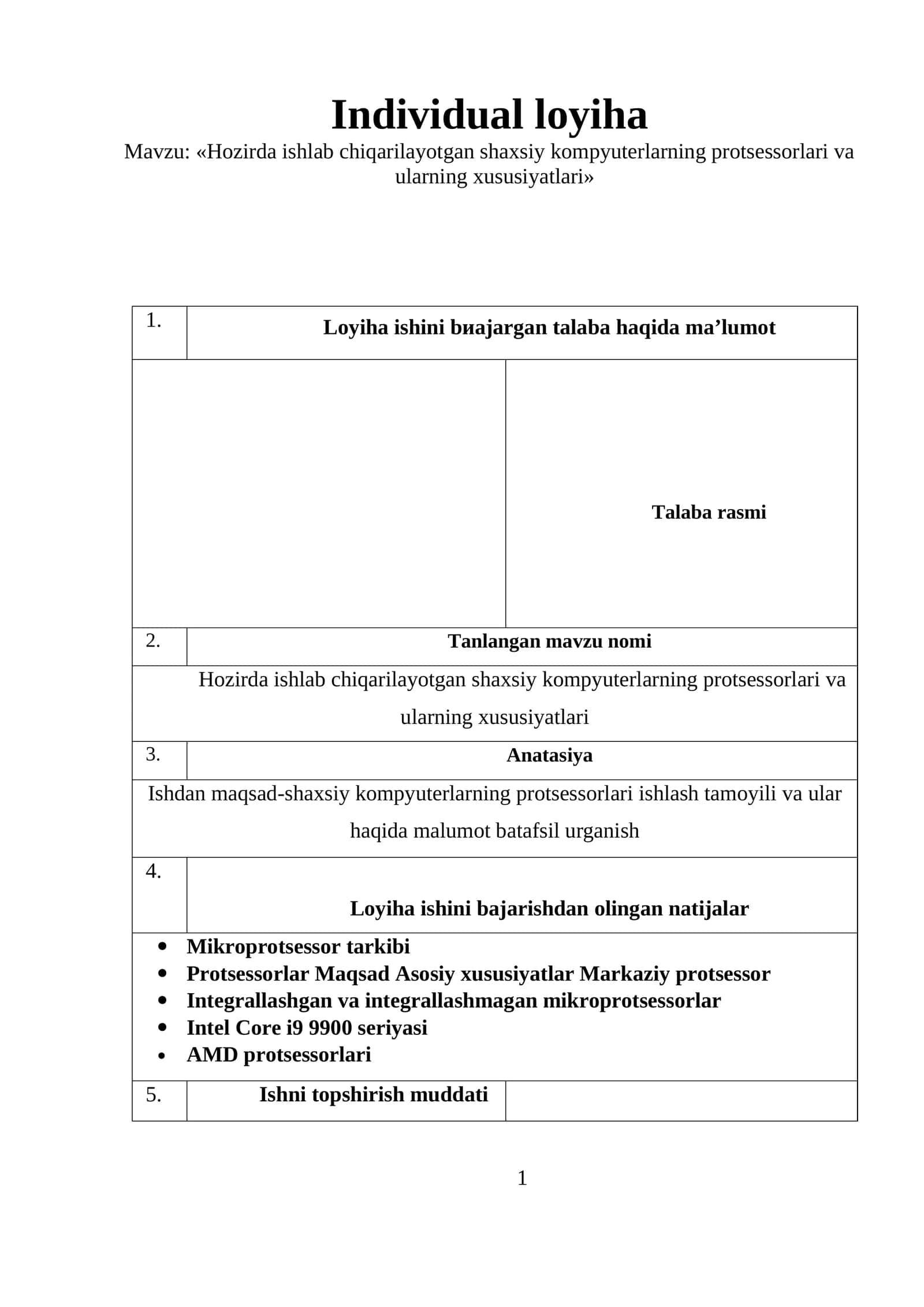 Hozirda ishlab chiqarilayotgan shaxsiy kompyuterlarning protsessorlari va ularning xususiyatlari 1