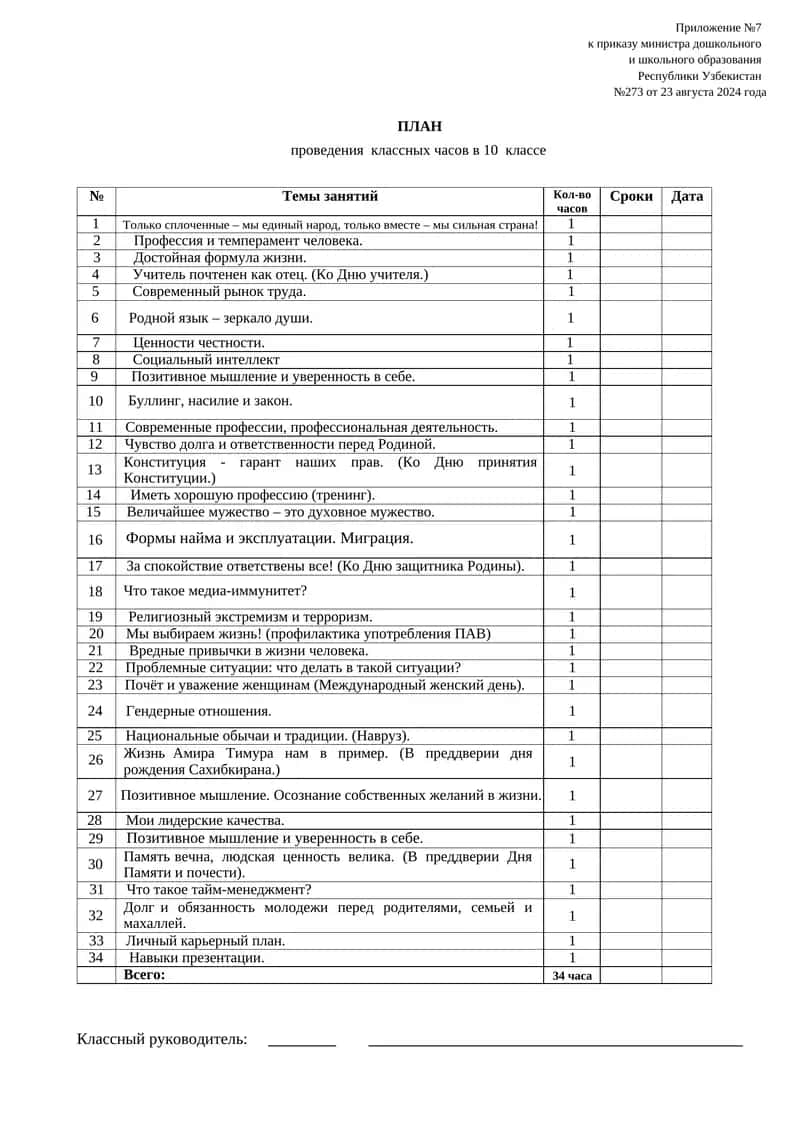 ПЛАН проведения классных часов в 10 классе 1