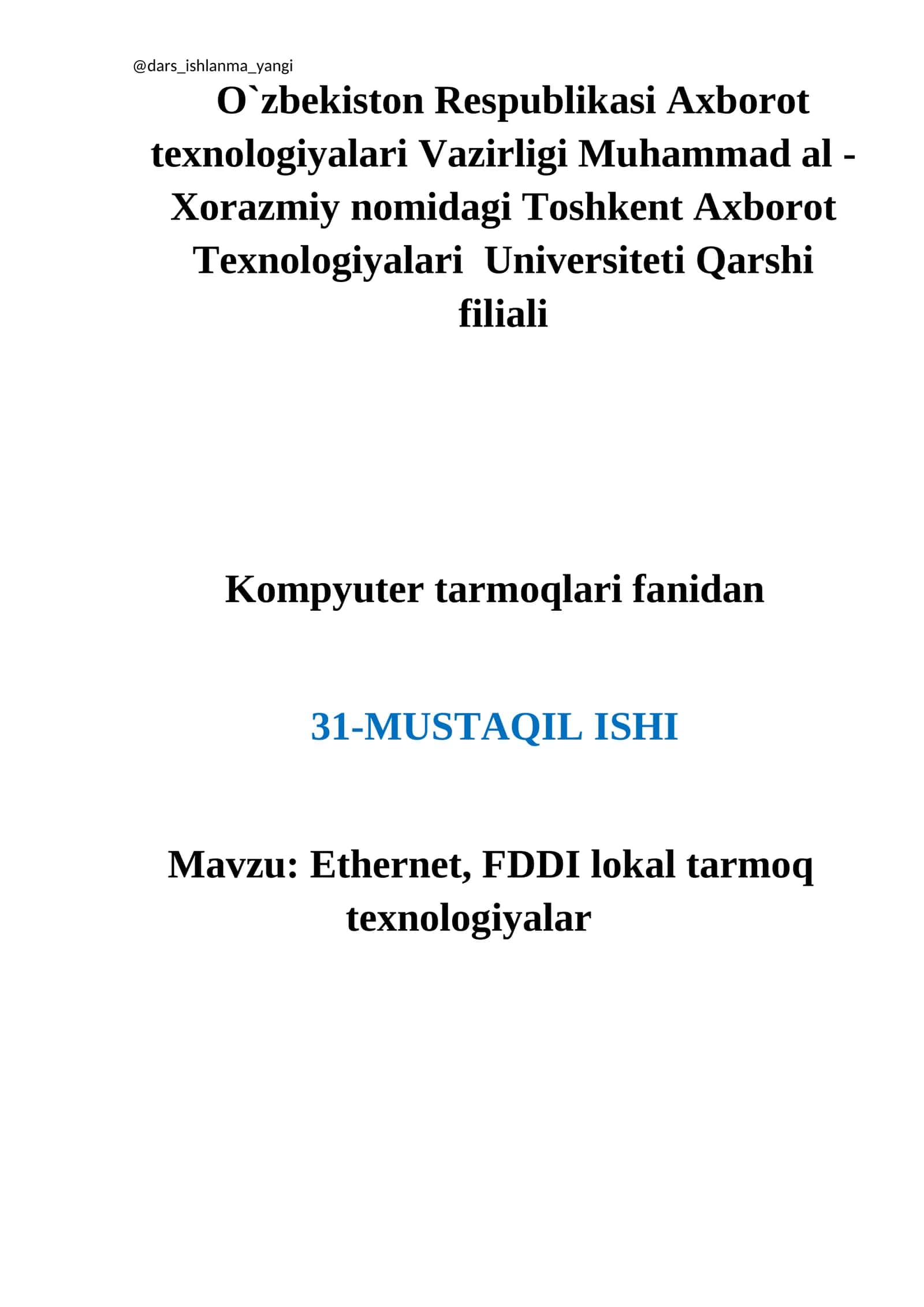 Ethernet, FDDI lokal tarmoq texnologiyalar 1