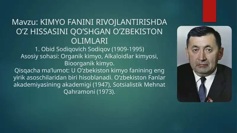 KIMYO FANINI RIVOJLANTIRISHDA O’Z HISSASINI QO’SHGAN O’ZBEKISTON OLIMLARI 1