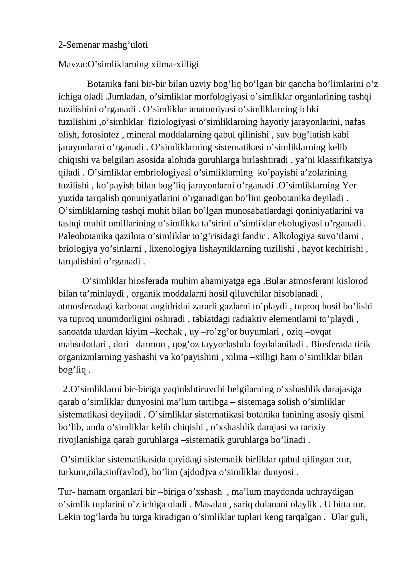 O’simliklarning xilma-xilligi 1