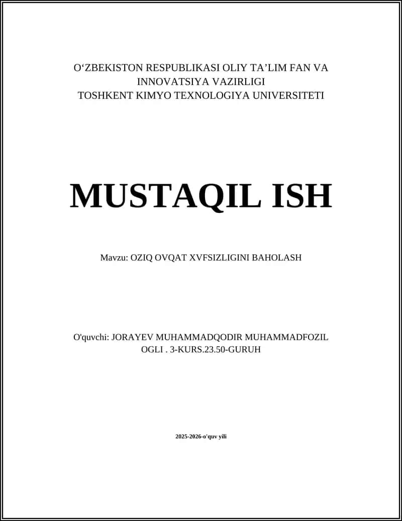 OZIQ OVQAT XVFSIZLIGINI BAHOLASH 1
