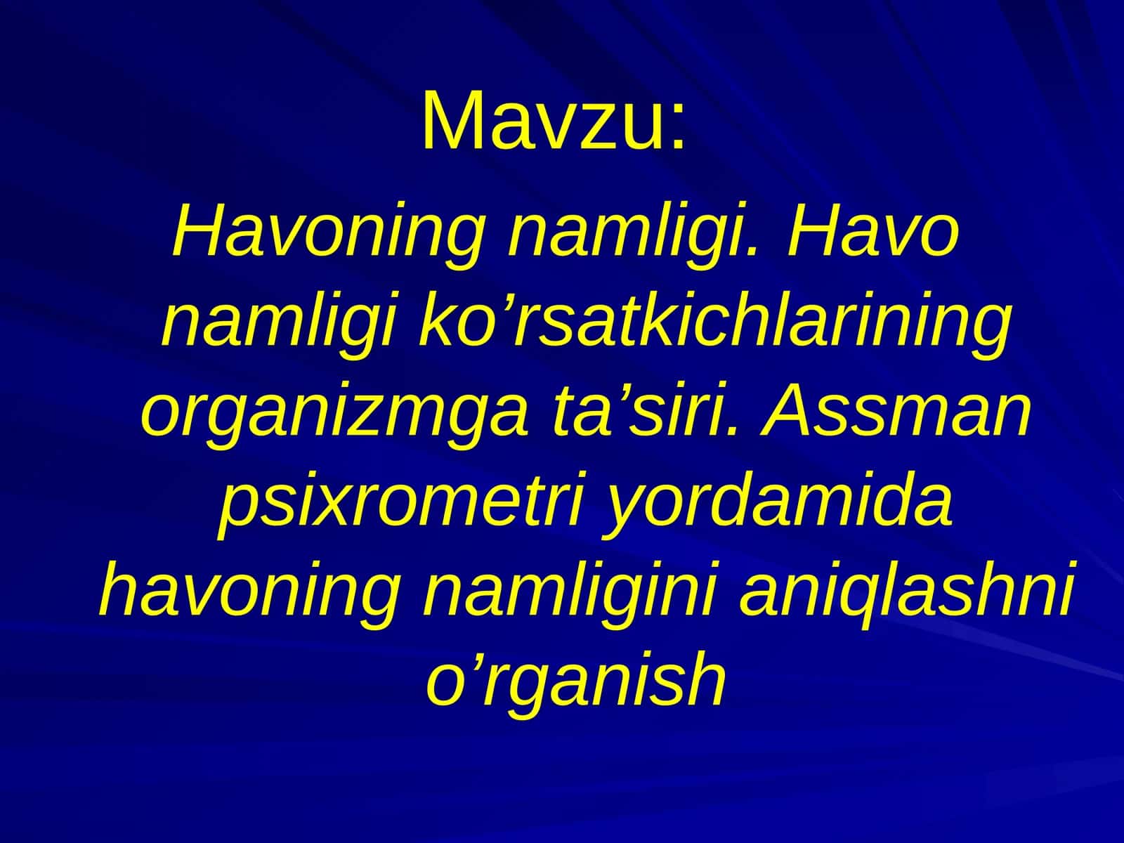 Havoning namligi. Havo namligi ko’rsatkichlarining organizmga ta’siri. Assman psixrometri yordamida havoning namligini aniqlashni o’rganish 1