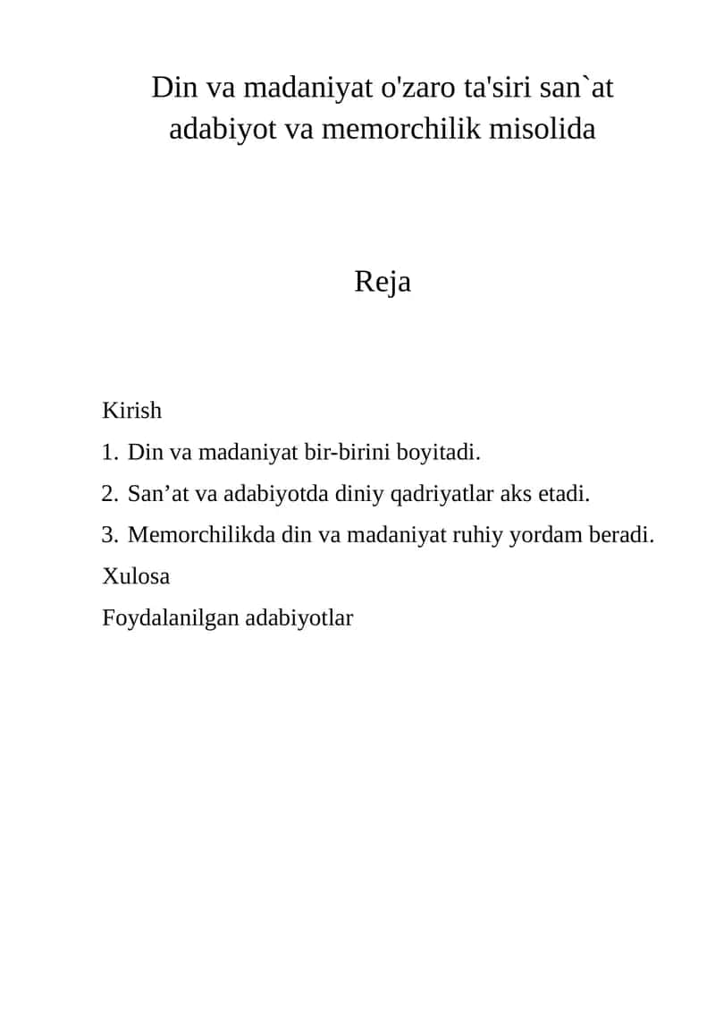 Din va madaniyat o'zaro ta'siri san`at adabiyot va memorchilik misolida 1