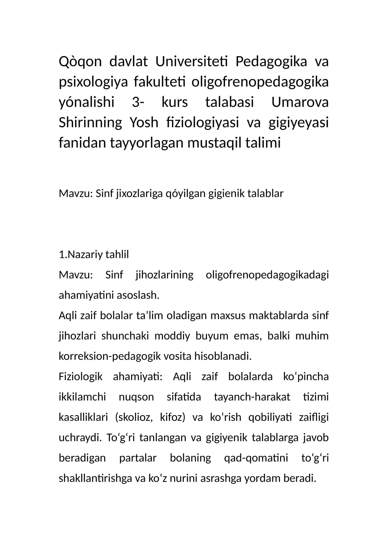 Sinf jixozlariga qóyilgan gigienik talablar 1