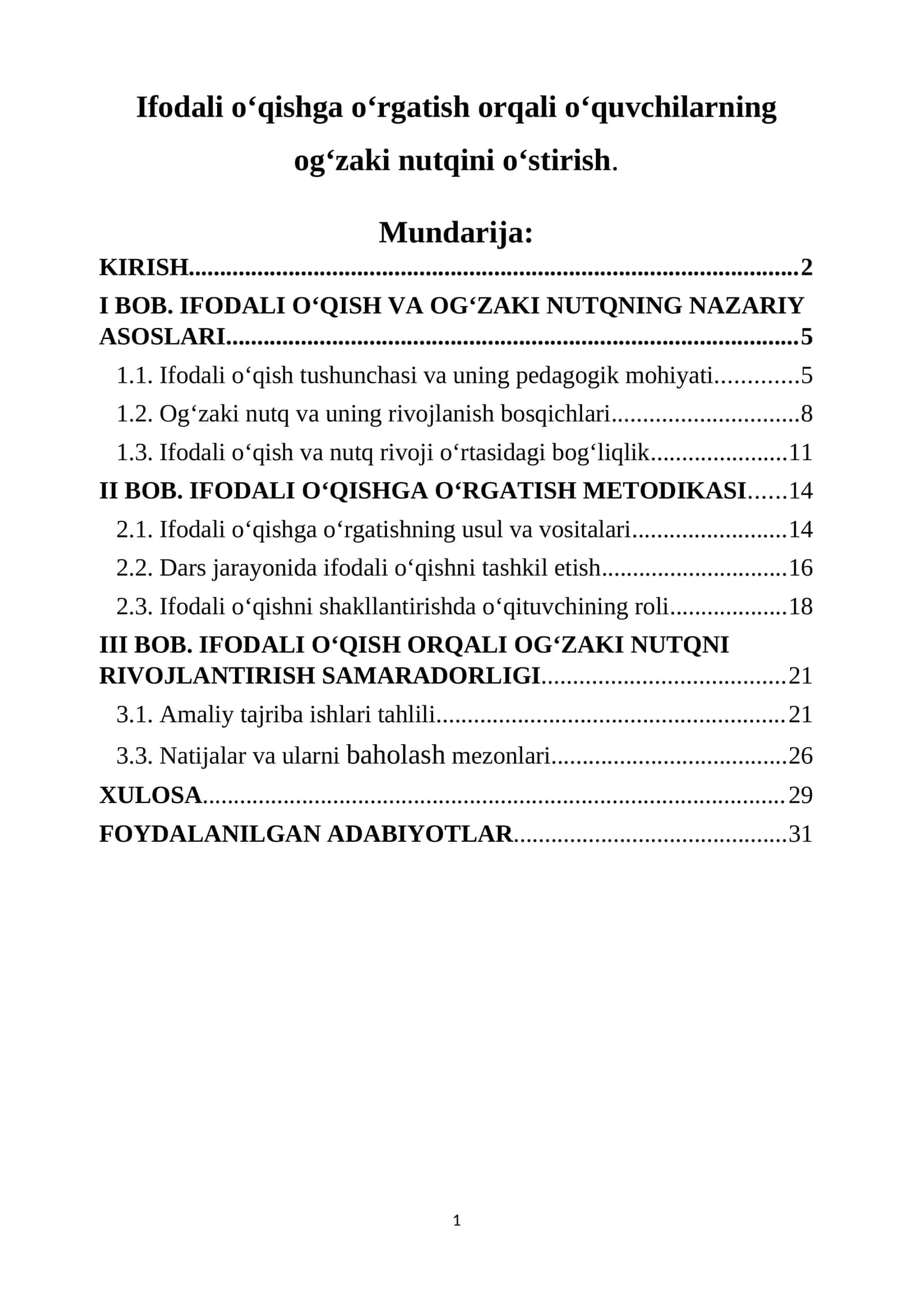 Ifodali o‘qishga o‘rgatish orqali o‘quvchilarning og‘zaki nutqini o‘stirish. 1