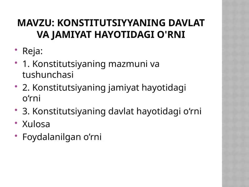 konstitutsiyyaning davlat va jamiyat hayotidagi o'rni 1