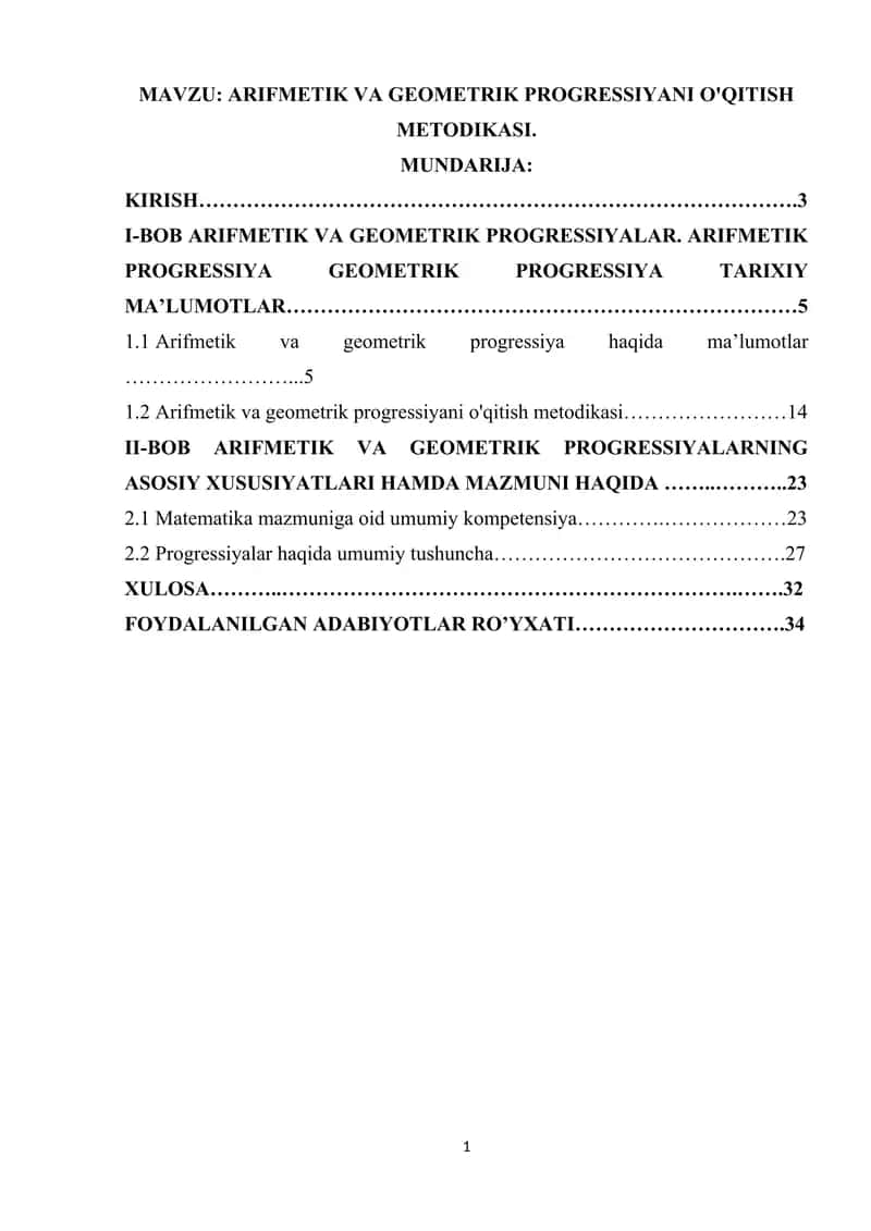 ARIFMETIK VA GEOMETRIK PROGRESSIYANI O'QITISH METODIKASI. 1