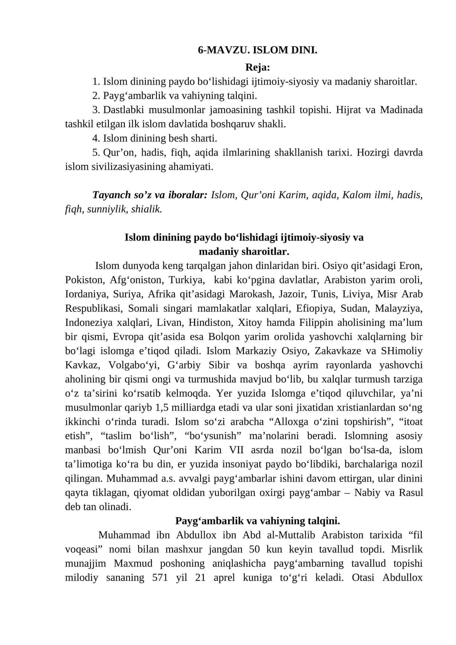 6-mavzu: Islom dini 1