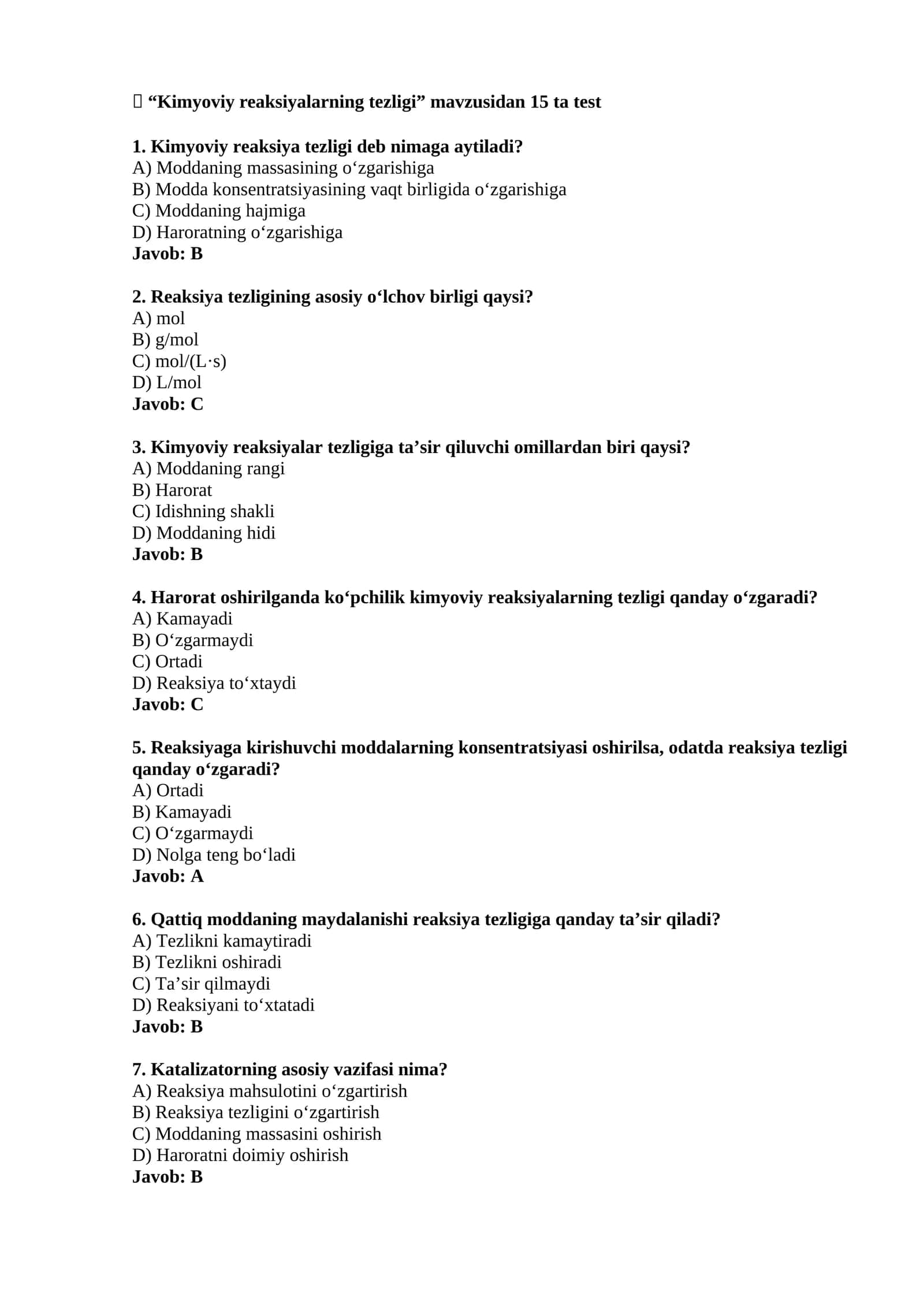 Kimyoviy reaksiyalarning tezligi - Testlar 1