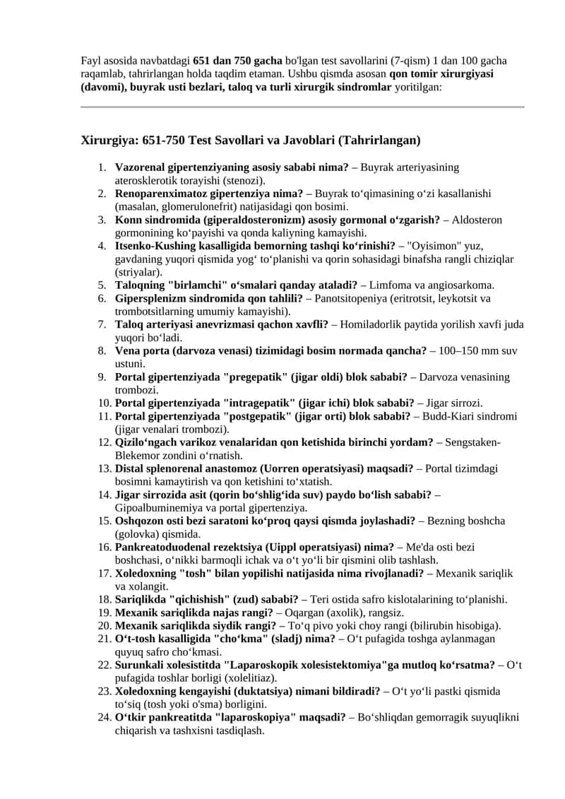 Xirurgiya: 651-750 Test Savollari va Javoblari (Tahrirlangan) 1