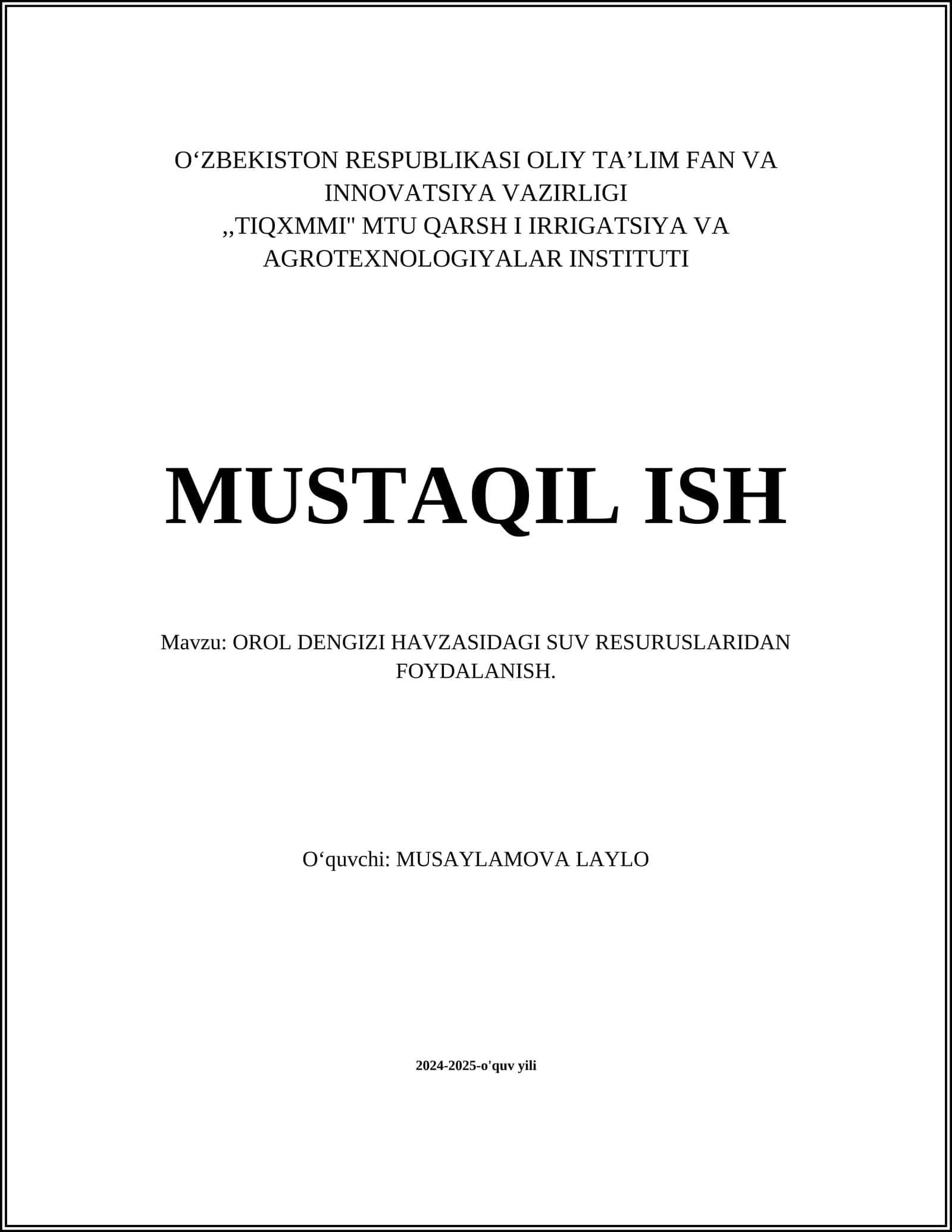 OROL DENGIZI HAVZASIDAGI SUV RESURUSLARIDAN FOYDALANISH 1