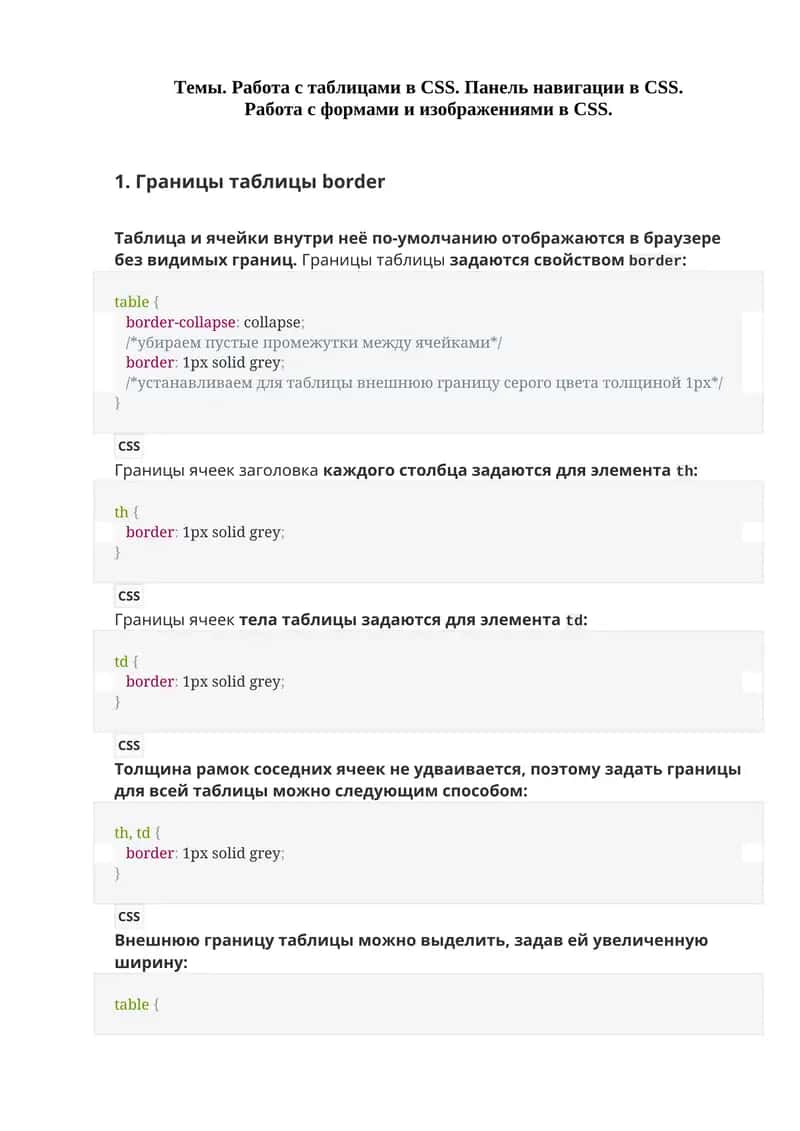 Работа с таблицами в CSS. Панель навигации в CSS. Работа с формами и изображениями в CSS 1