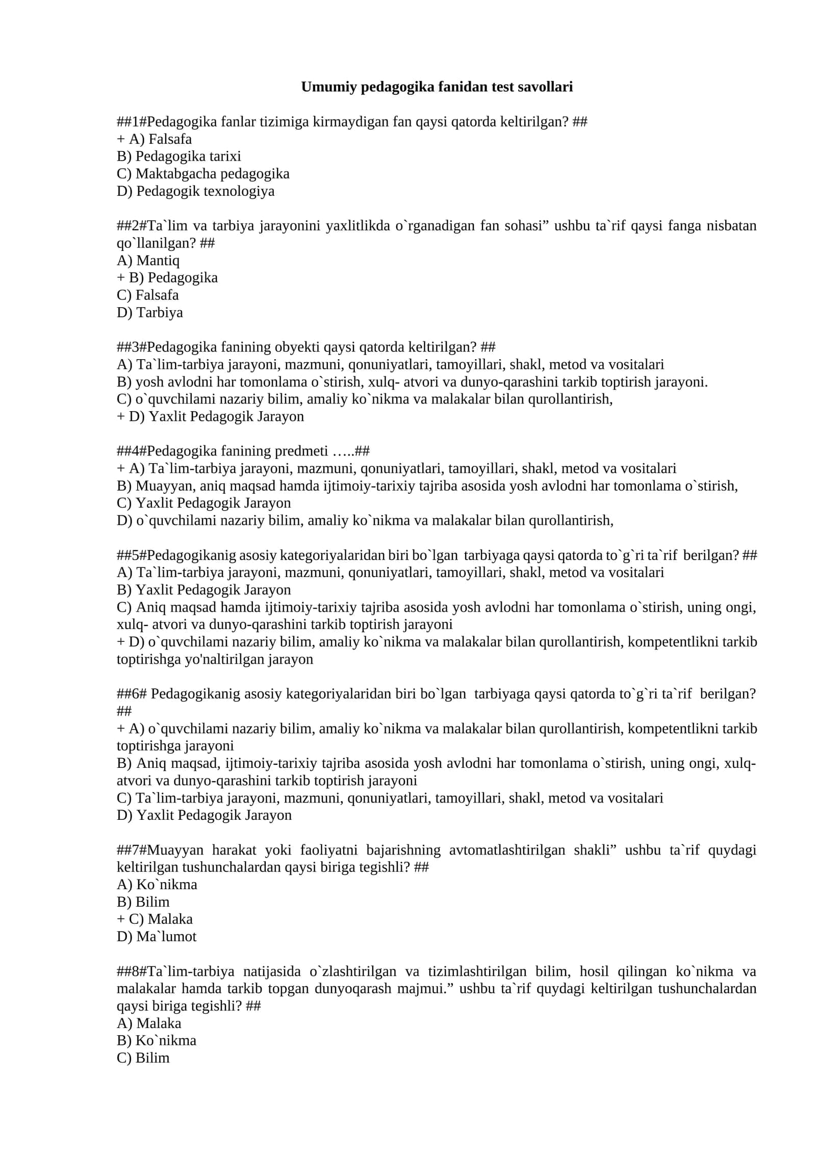 Umumiy pedagogika fanidan test savollari 1