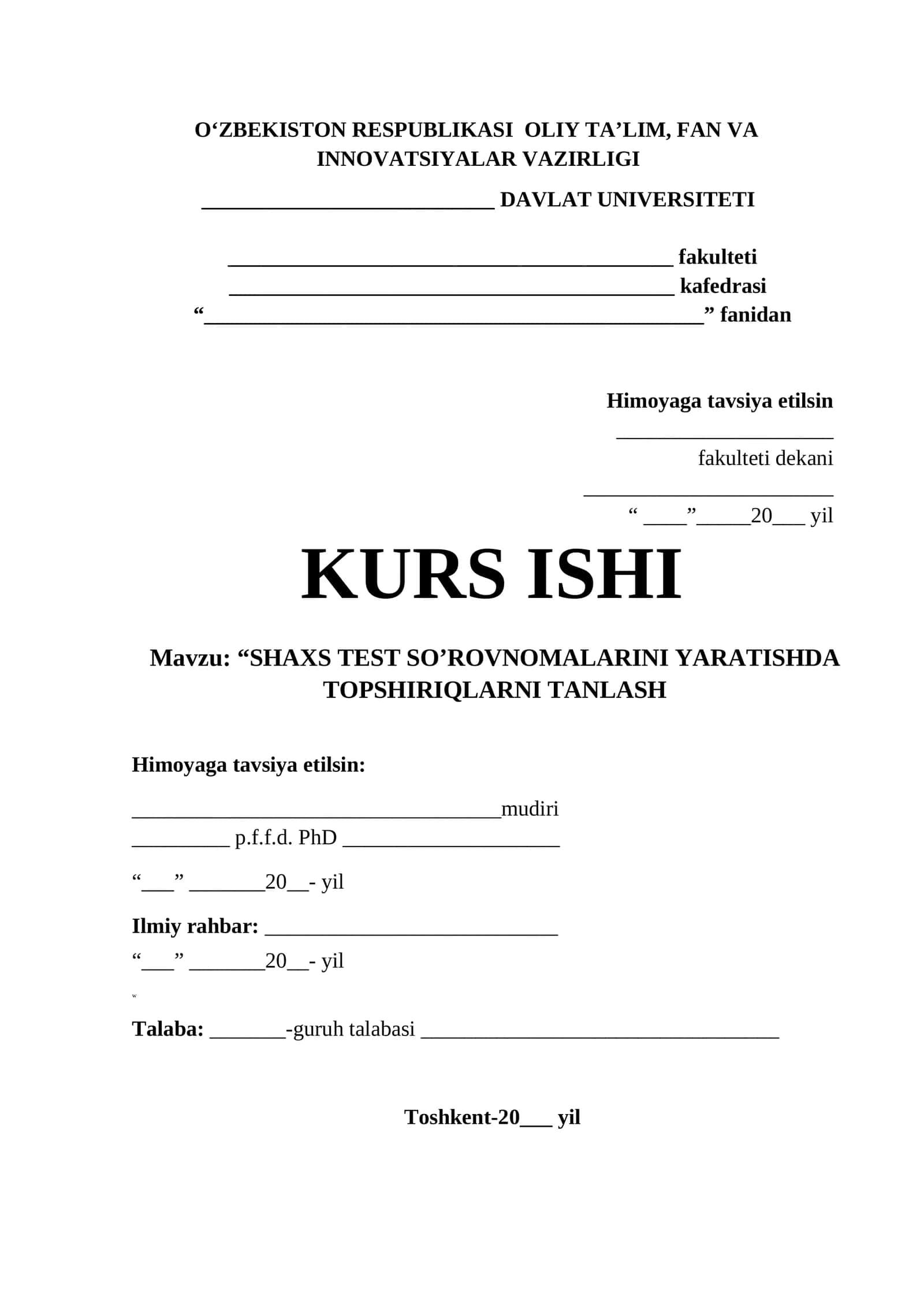 SHAXS TEST SO’ROVNOMALARINI YARATISHDA TOPSHIRIQLARNI TANLASH 1