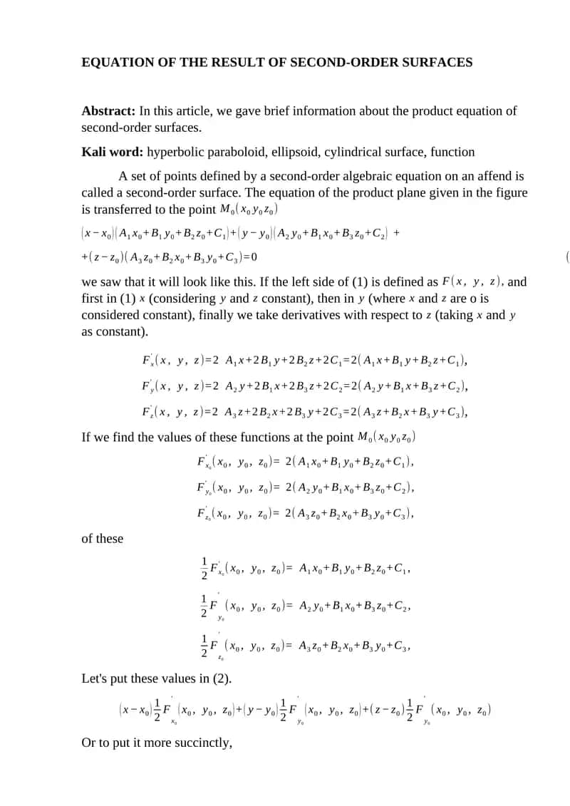 EQUATION OF THE RESULT OF SECOND-ORDER SURFACES 1
