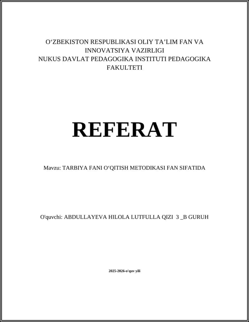 Tarbiya Fani Oʻqitish Metodikasi 1