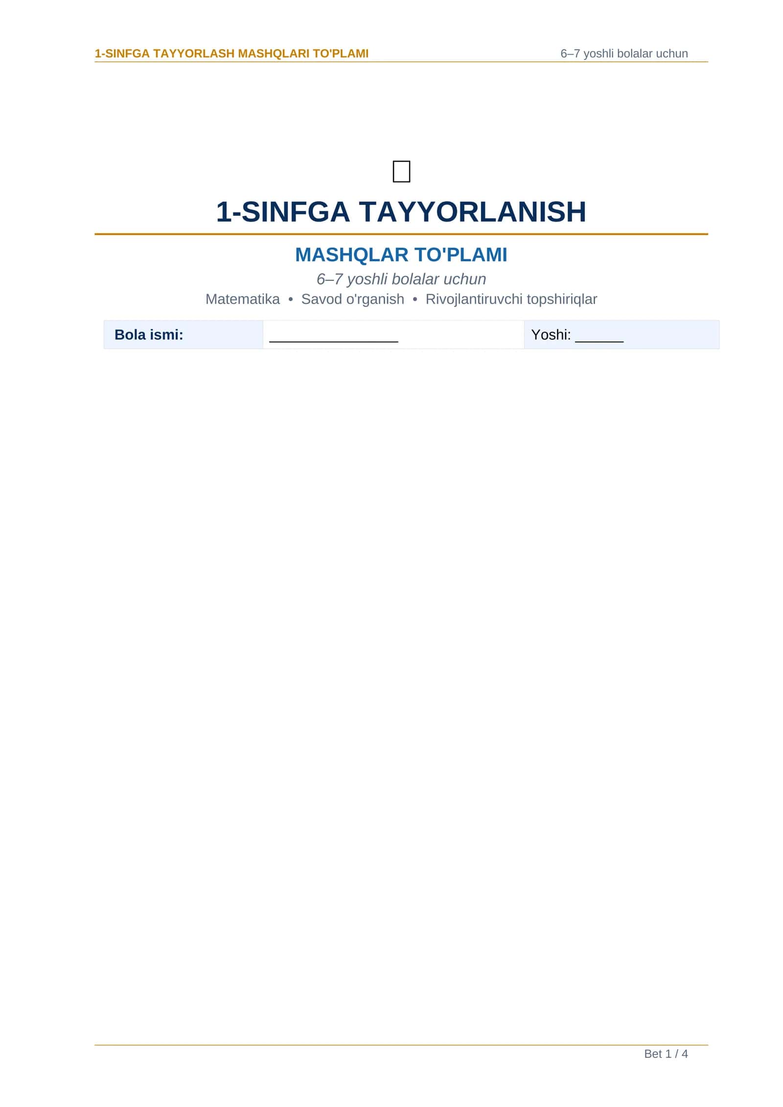 1-SINFGA TAYYORLASH MASHQLARI TO'PLAMI 1