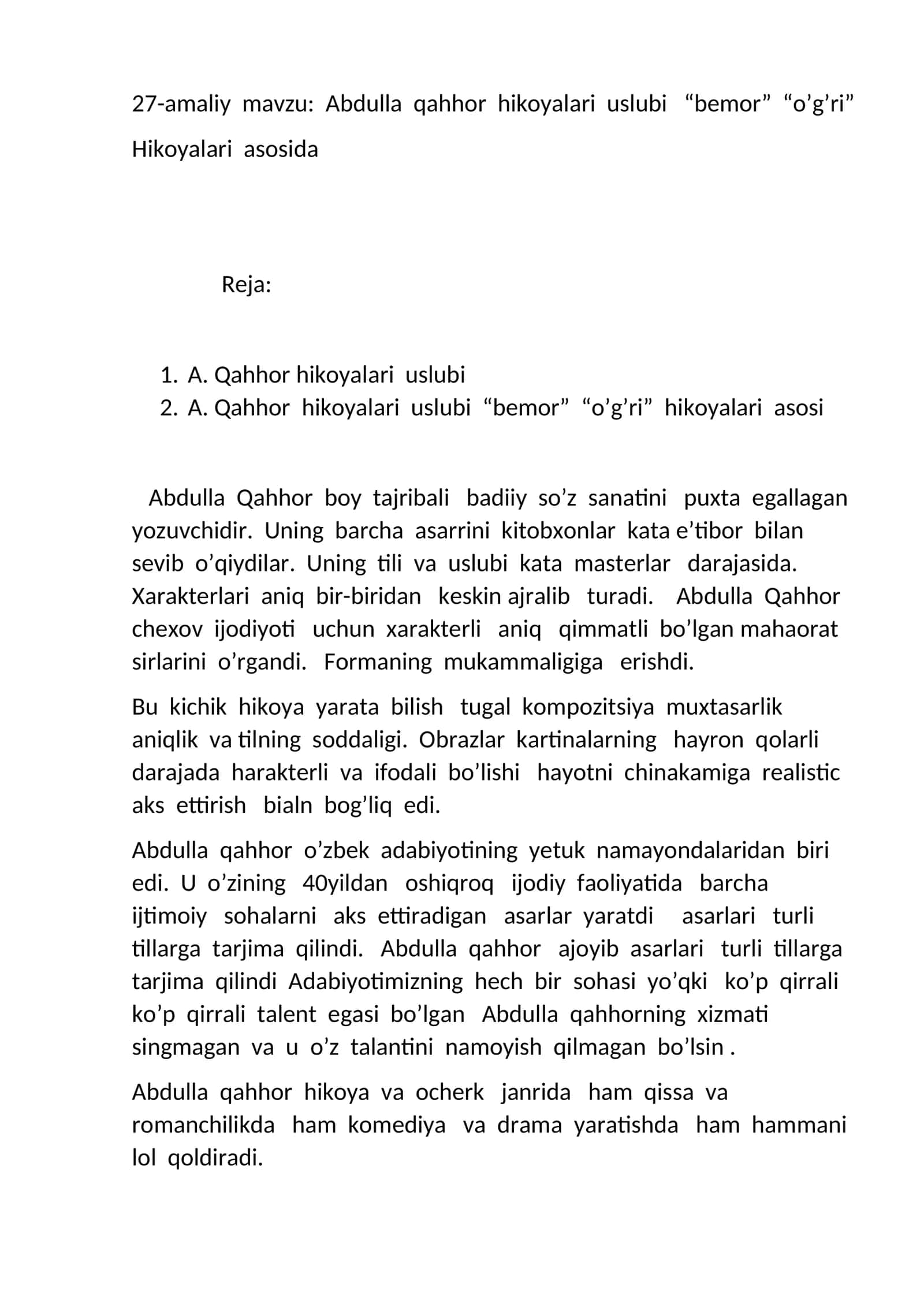 Abdulla qahhor hikoyalari uslubi “bemor” “o’g’ri” 1