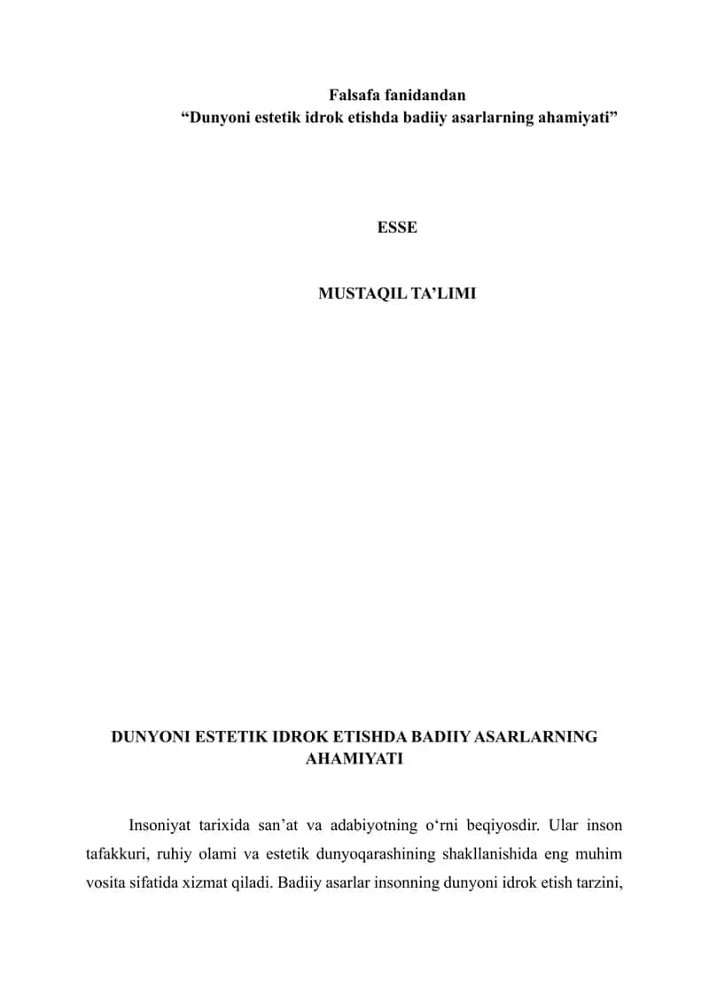 Dunyoni estetik idrok etishda badiiy asarlarning ahamiyati 1