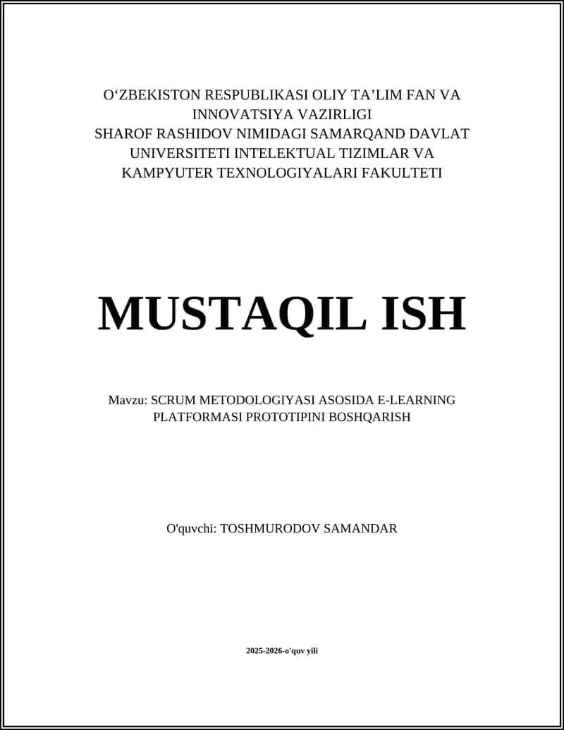 SCRUM METODOLOGIYASI ASOSIDA E-LEARNING PLATFORMASI PROTOTIPINI BOSHQARISH 1