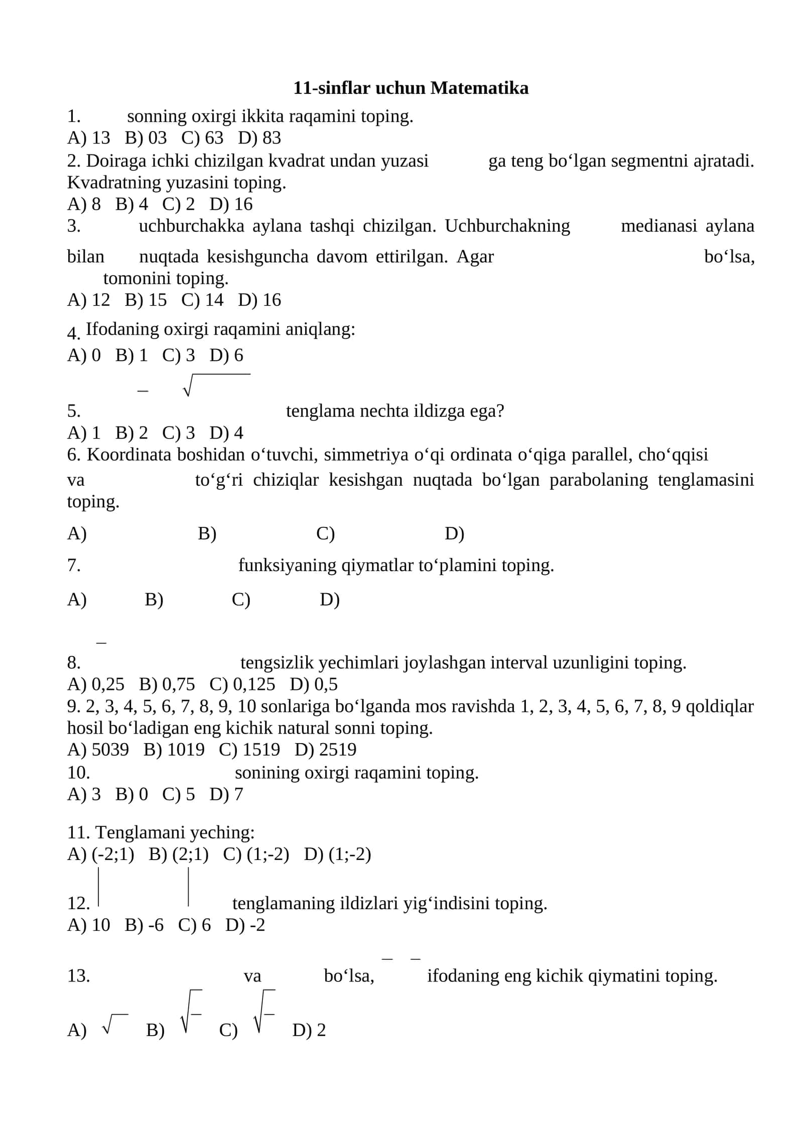 11-sinflar uchun Matematika 1