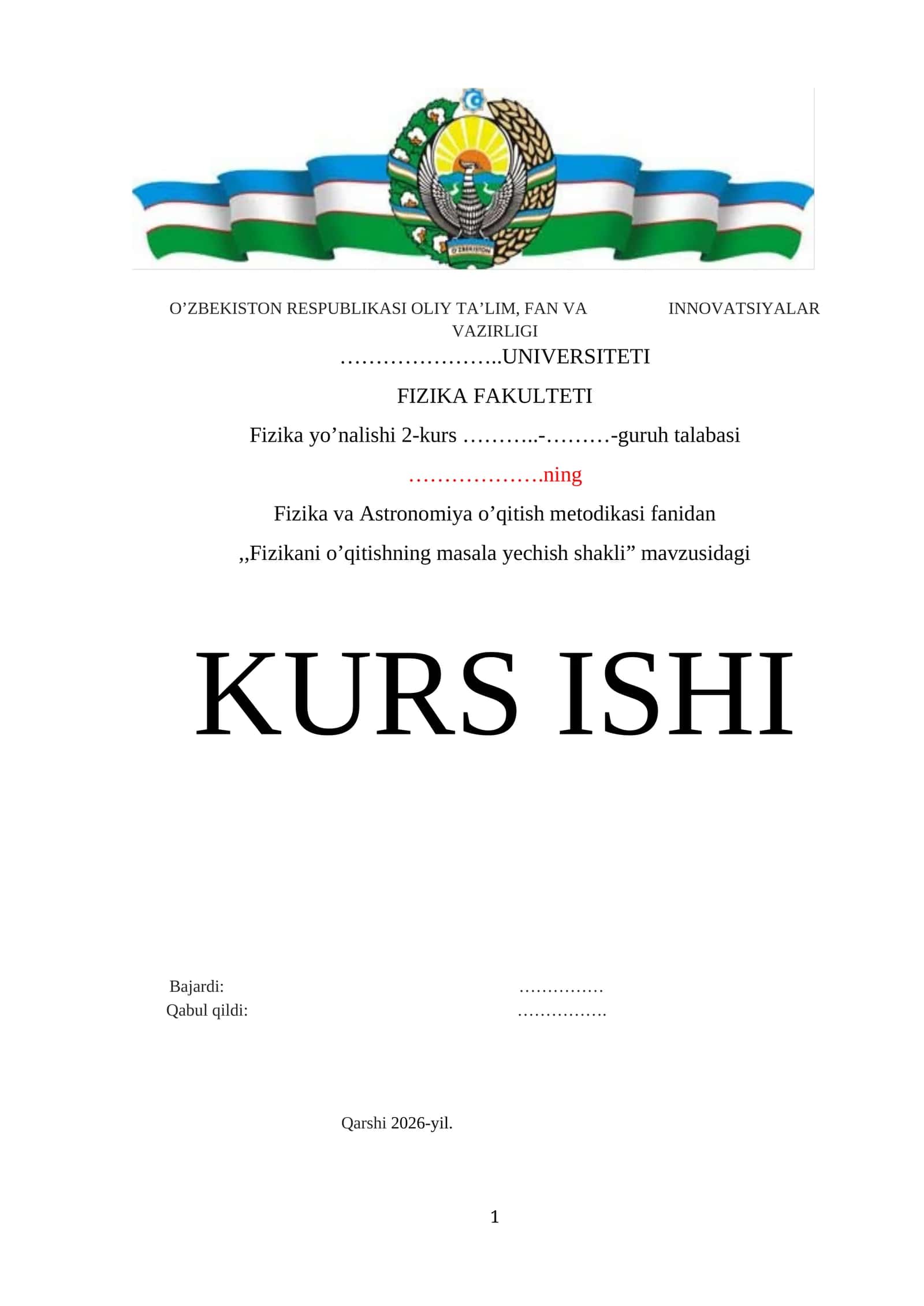 Fizikani o’qitishning masala yechish shakli mavzusida tayyor kurs ishi 1