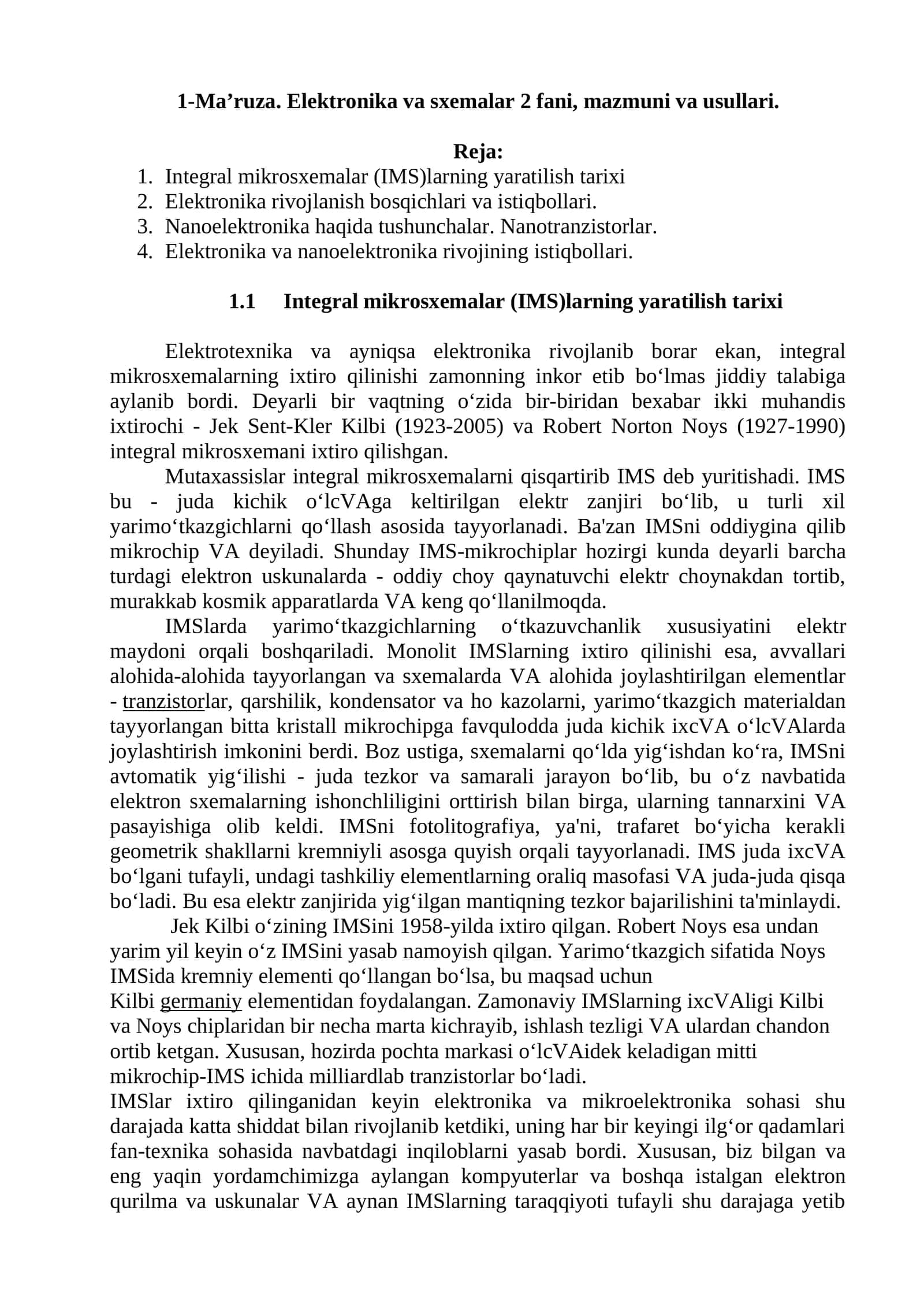 1-Ma’ruza. Elektronika va sxemalar 2 fani, mazmuni va usullari 1