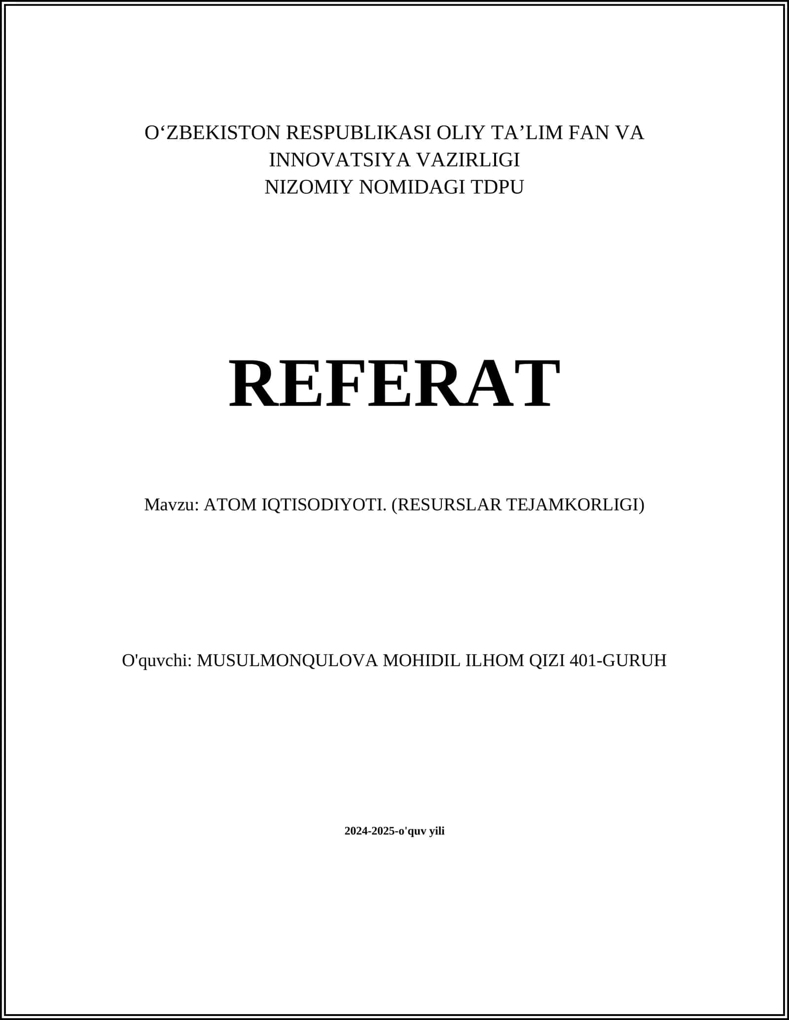 ATOM IQTISODIYOTI (RESURSLAR TEJAMKORLIGI) 1