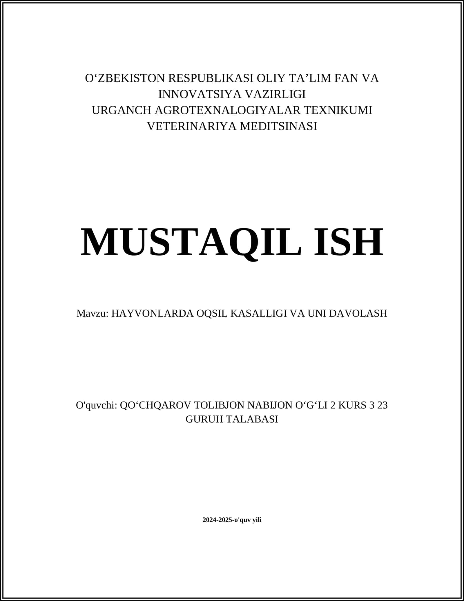 HAYVONLARDA OQSIL KASALLIGI VA UNI DAVOLASH 1