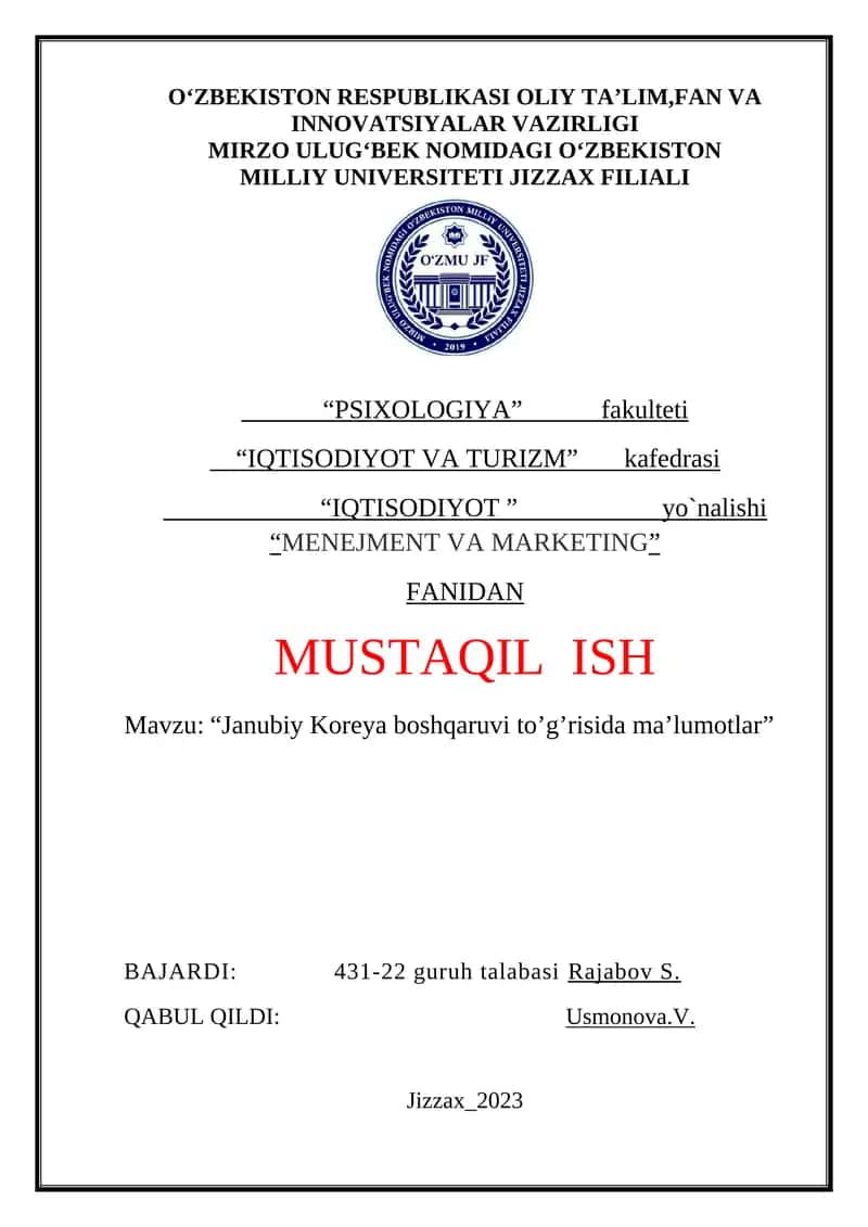 Janubiy Koreya boshqaruvi to’g’risida ma’lumotlar 1