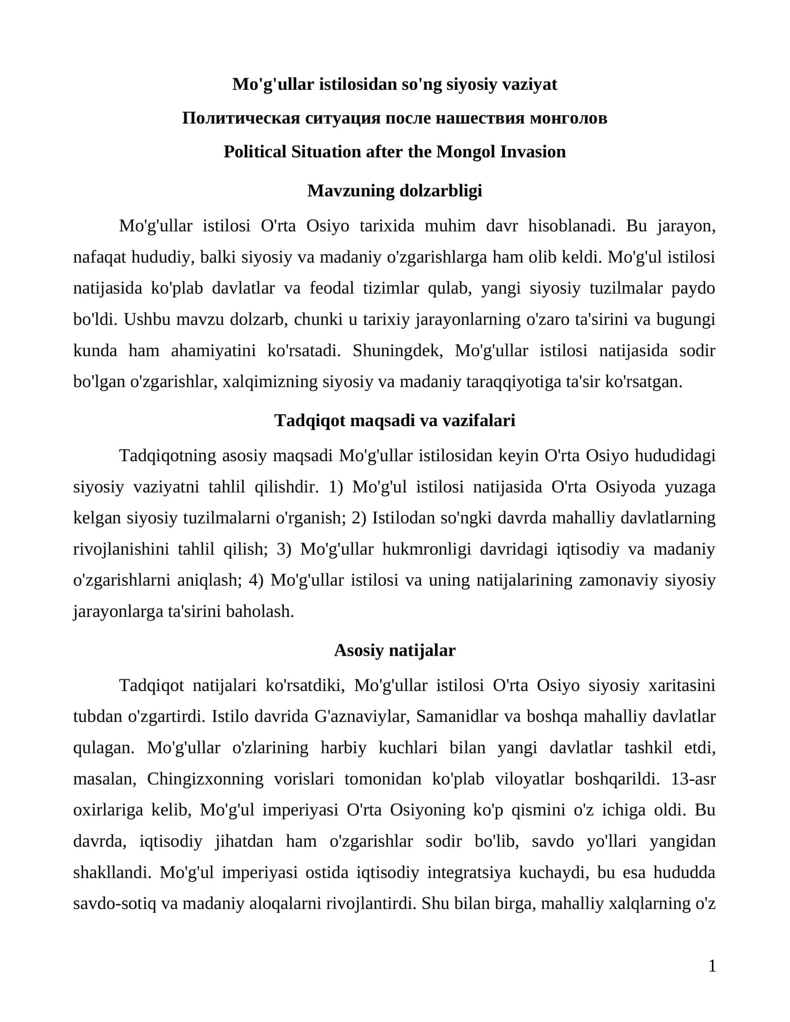 Mo'g'ullar istilosi O'rta Osiyo tarixida muhim davr hisoblanadi 1