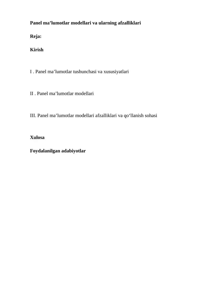 Panel ma’lumotlar modellari va ularning afzalliklari 1